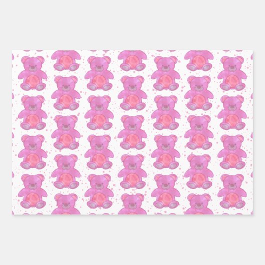 かわいいテディベアピンクカスタム色 ラッピングペーパーシート (正面3)