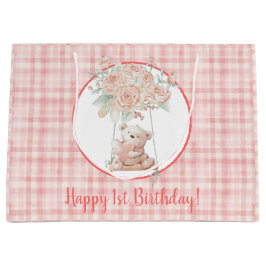 かわいいテディベアピンクプレイド誕生日 ラージペーパーバッグ