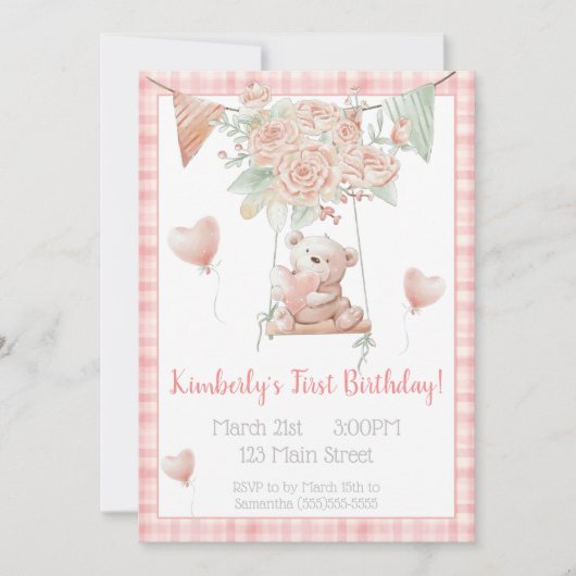かわいいテディベアピンクプレイド誕生日 招待状 (正面)