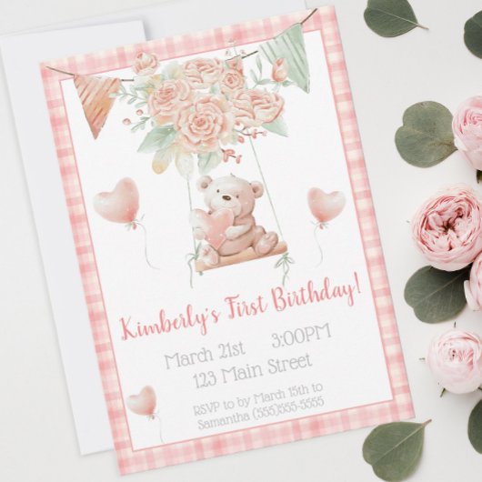 かわいいテディベアピンクプレイド誕生日 招待状