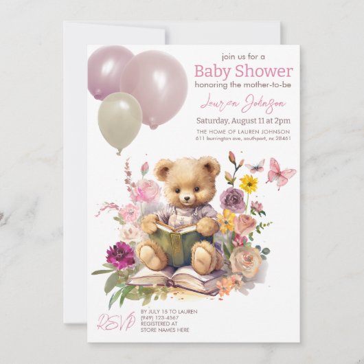 かわいいテディベアフローラピンクバルーン赤ちゃんシャワー 招待状 (正面)