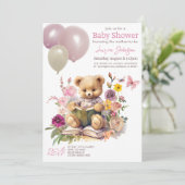 かわいいテディベアフローラピンクバルーン赤ちゃんシャワー 招待状 (スタンド正面)