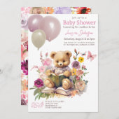 かわいいテディベアフローラピンクバルーン赤ちゃんシャワー 招待状 (正面/裏面)