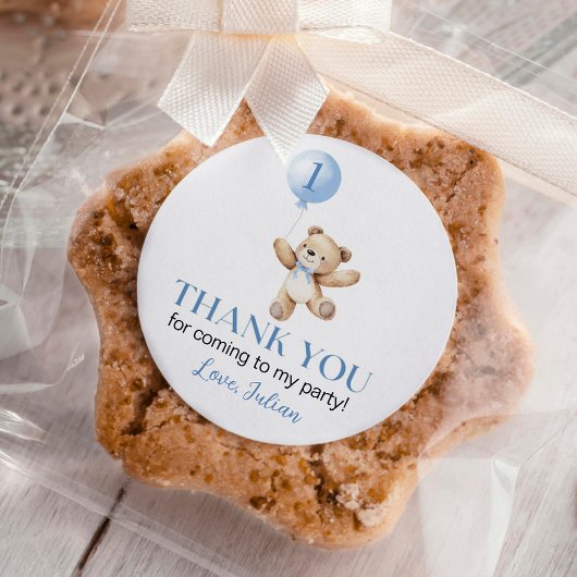 かわいいテディベアブルーバルーンベアリーファースト誕生日 ラウンドシール