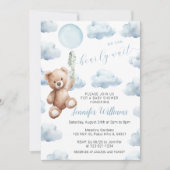 かわいいテディベアブルーバルーン男の赤ちゃんシャワー 招待状 (正面)