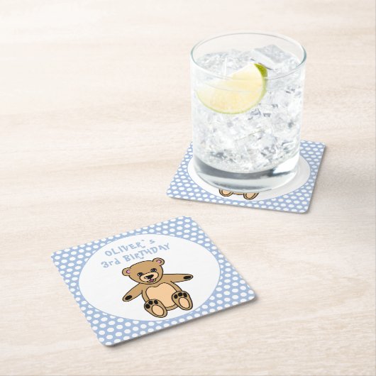 かわいいテディベアブルー水玉模様キッズキッド誕生日 スクエアペーパーコースター (インサイチュ)