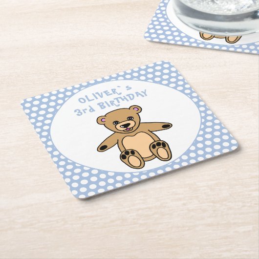 かわいいテディベアブルー水玉模様キッズキッド誕生日 スクエアペーパーコースター (アングル)