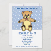 かわいいテディベアブルー水玉模様キッズキッド誕生日 招待状 (正面)