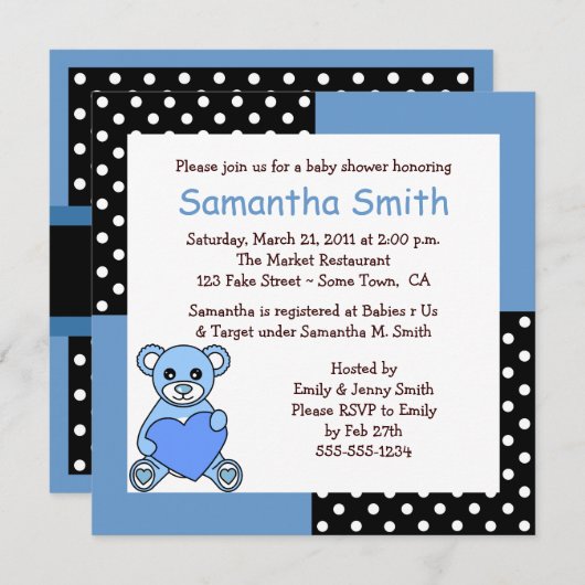 かわいいテディベアベビーシャワー招待状ブルーブラック 招待状 (正面/裏面)