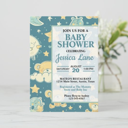 かわいいテディベアベビーシャワー招待状 招待状 (スタンド正面)