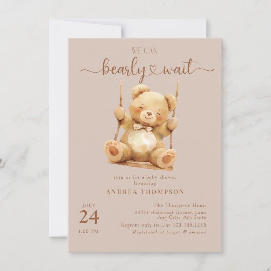 かわいいテディベアベビーシャワー招待状 招待状 (正面)