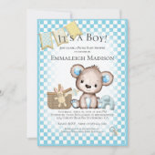 かわいいテディベアベビーピクニックブルーベビーシャワー 招待状 (正面)