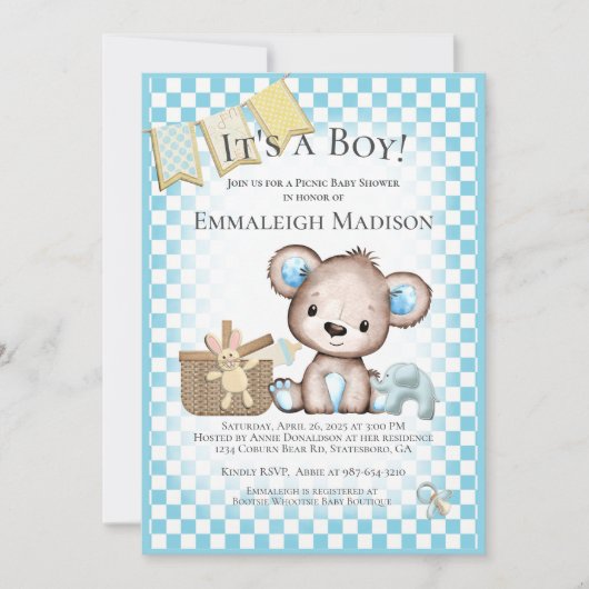 かわいいテディベアベビーピクニックブルーベビーシャワー 招待状 (正面)