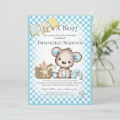 かわいいテディベアベビーピクニックブルーベビーシャワー 招待状 (スタンド正面)