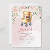 かわいいテディベアベビーベビーカーフローラ女の子ベビー 招待状 (正面)