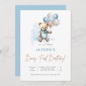 かわいいテディベアリアファースト誕生日ブルーバルーン 招待状 (正面/裏面)