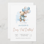 かわいいテディベアリアファースト誕生日ブルーバルーン 招待状 (正面/裏面)
