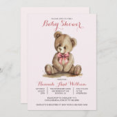かわいいテディベアーガールピンク赤ちゃんシャワー 招待状 (正面/裏面)