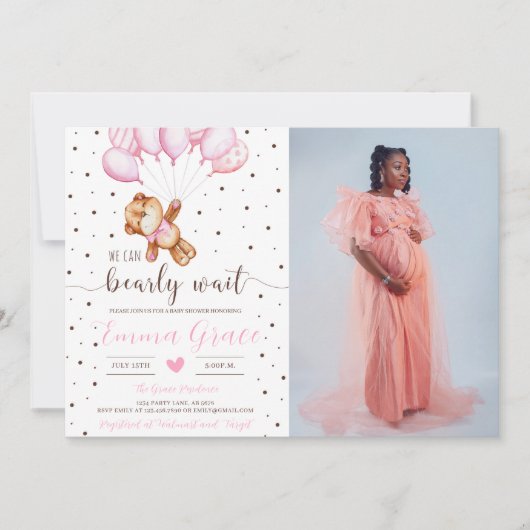 かわいいテディベアーガールベビーシャワー写真 招待状 (正面)