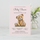 かわいいテディベアーガール赤面ピンクベビーシャワー 招待状 (スタンド正面)