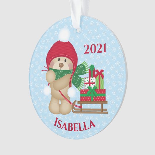 かわいいテディベアークリスマスススそりデイテッドオーナメント オーナメント (正面)