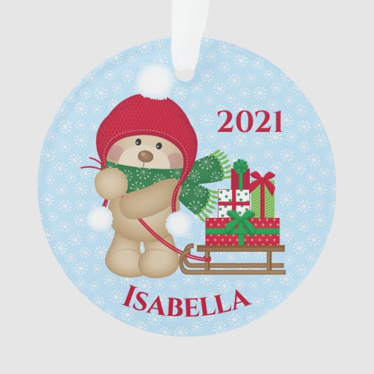 かわいいテディベアークリスマスススそりデイテッドオーナメント オーナメント (正面)