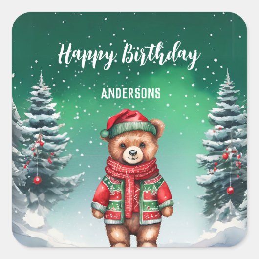 かわいいテディベアークリスマスツリーの誕生日の女の子のパーティー スクエアシール (正面)