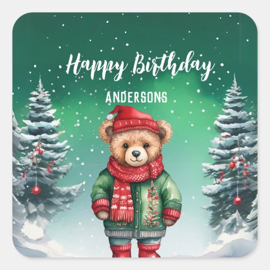 かわいいテディベアークリスマスツリーの誕生日の女の子のパーティー スクエアシール (正面)