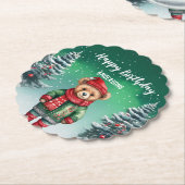 かわいいテディベアークリスマスツリーの誕生日の女の子のパーティー ペーパーコースター (アングル)