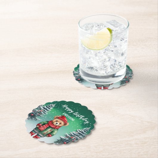 かわいいテディベアークリスマスツリーの誕生日の女の子のパーティー ペーパーコースター (インサイチュ)