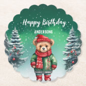かわいいテディベアークリスマスツリーの誕生日の女の子のパーティー ペーパーコースター (正面)