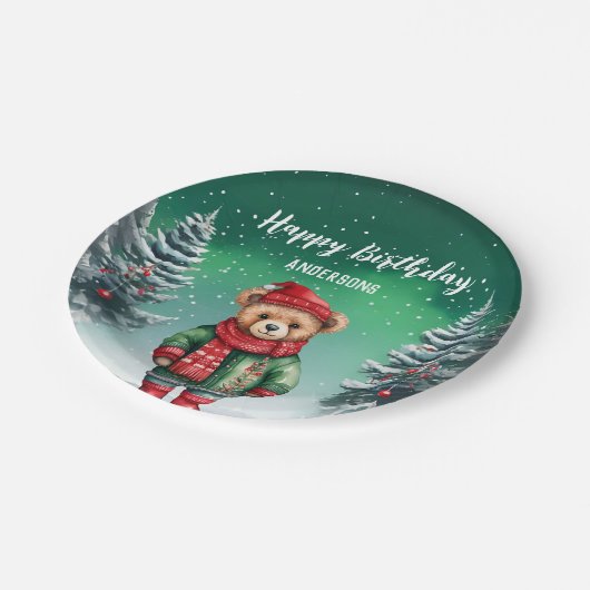 かわいいテディベアークリスマスツリーの誕生日の女の子のパーティー ペーパープレート (アングル)
