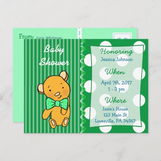 かわいいテディベアーグリーンベビーシャワー招待状 インビテーションポストカード (正面/裏面)