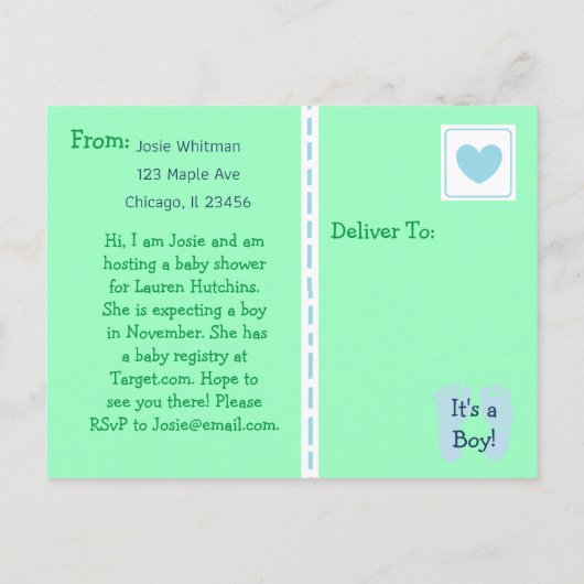 かわいいテディベアーグリーンベビーシャワー招待状 インビテーションポストカード (裏面)