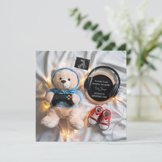 かわいいテディベアーゲーマー妊娠発表 招待状 (スタンド正面)