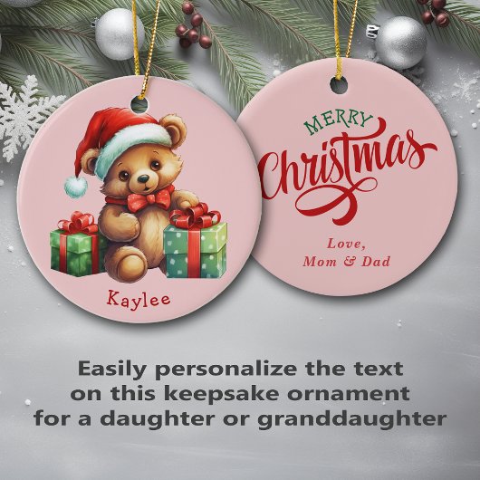 かわいいテディベアーサンタハットキッズ セラミックオーナメント