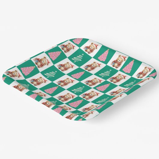 かわいいテディベアーサンタメリークリスマスツリーパーティー ペーパープレート (傾斜あり)