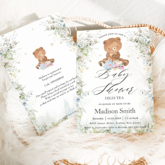 かわいいテディベアーシックなハイティーパーティー赤ちゃんシャワー 招待状
