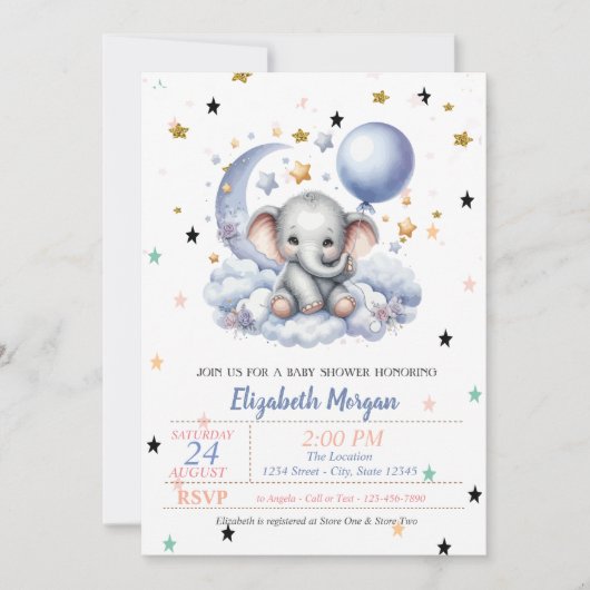 かわいいテディベアースタープリンセスベビーシャワー 招待状 (正面)