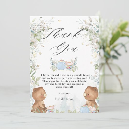 かわいいテディベアーズティーで2歳の誕生日を迎えるパーティー サンキューカード (スタンド正面)