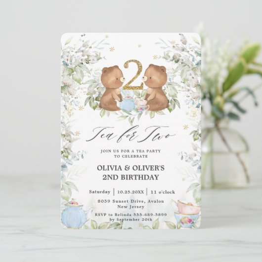 かわいいテディベアーズティーで2歳の誕生日を迎えるパーティー 招待状 (スタンド正面)