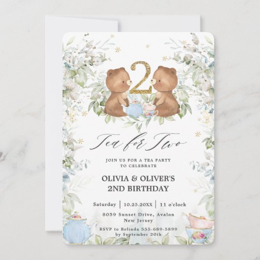 かわいいテディベアーズティーで2歳の誕生日を迎えるパーティー 招待状 (正面)