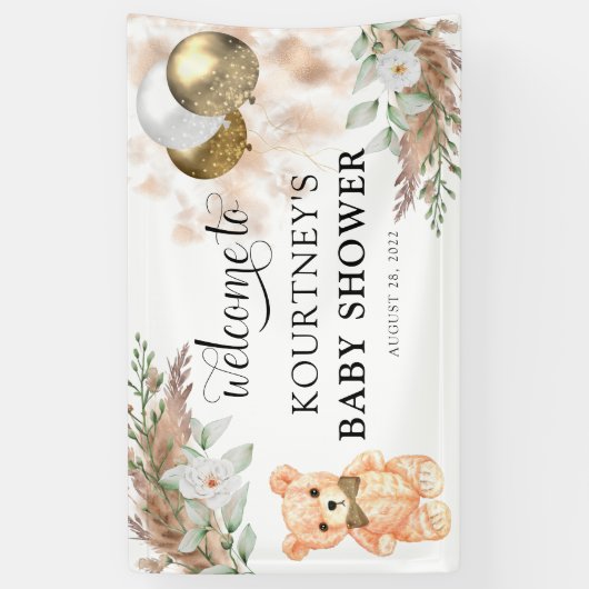かわいいテディベアーニュートラルベビーシャワーへようこそ 横断幕 (縦)
