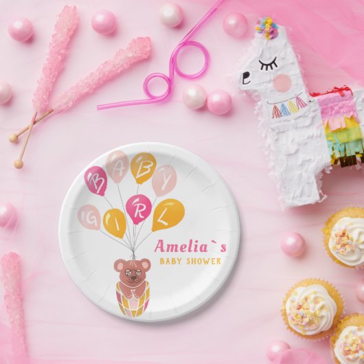 かわいいテディベアーバルーンベビーガールベイビーシャワー ペーパープレート (パーティー)