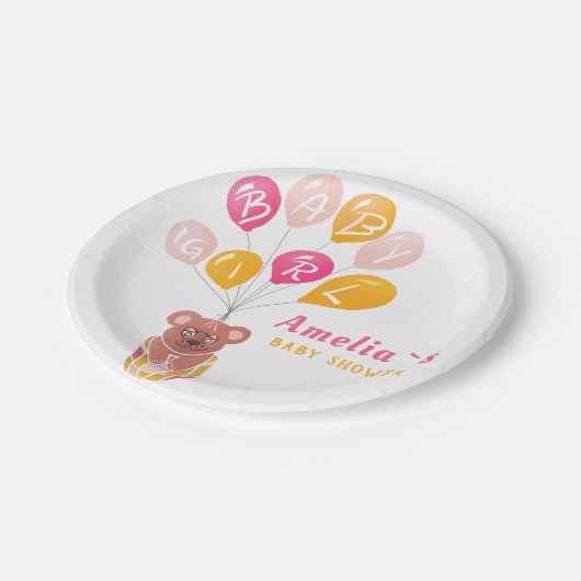 かわいいテディベアーバルーンベビーガールベイビーシャワー ペーパープレート (アングル)