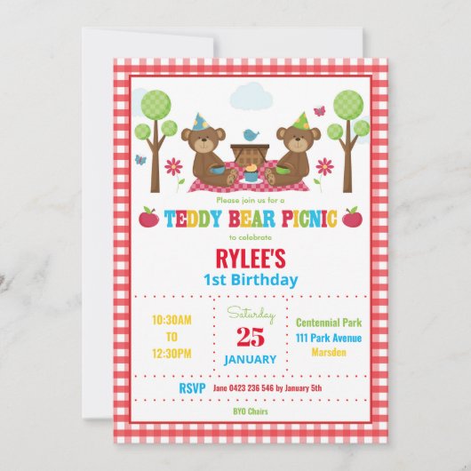 かわいいテディベアーピクニック1st誕生日パーティーボーイガール 招待状 (正面)
