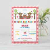 かわいいテディベアーピクニック1st誕生日パーティーボーイガール 招待状 (スタンド正面)