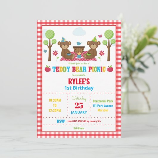 かわいいテディベアーピクニック1st誕生日パーティーボーイガール 招待状 (スタンド正面)
