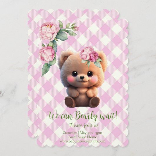 かわいいテディベアーピンクのギンガムフローラベビーシャワー (正面/裏面)