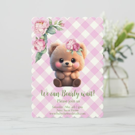 かわいいテディベアーピンクのギンガムフローラベビーシャワー (スタンド正面)